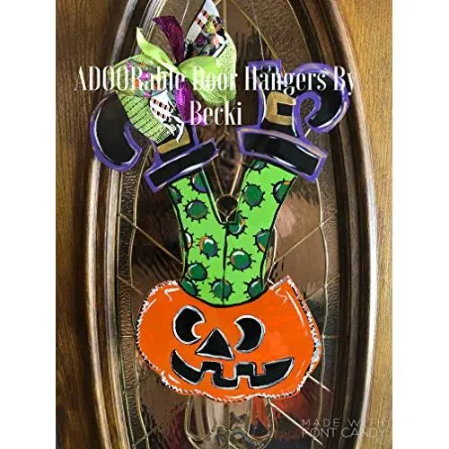 Jack O Lantern and Witches Legs Halloween Door Hanger Wood cut out