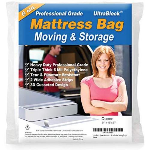 UltraBlock Mattress Bag for Moving, Storage or Disposal - Queen Size Heavy Duty Triple Thick 6 Mil Tear & Puncture Resistant Bag with Two Extra Wide Adhesive Strips