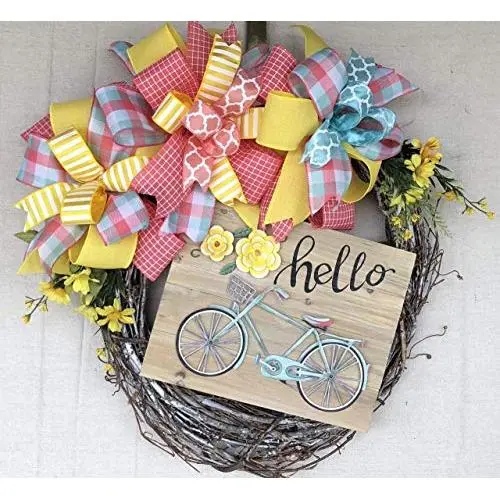 Rustic Hello Bicycle Wreath Rustic Farmhouse Everyday Decor Welcome Door Hanger Grapevine Wreath Burlap Bowtique