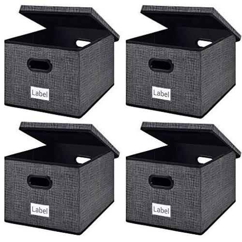 homyfort Collapsible File Storage Boxes Bins with Removable Lids,Portable Office Document Organizer,Decorative Boxes with Plastic Handles,Large Black with Grid Printing Set of 4 homyfort Collapsible File Storage Boxes Bins with Removable Lids,Portable Office Document Organizer,Decorative Boxes with Plastic Handles,Large Black with Grid Printing Set of 4