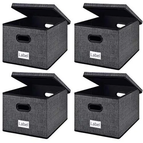 homyfort Collapsible File Storage Boxes Bins with Removable Lids,Portable Office Document Organizer,Decorative Boxes with Plastic Handles,Large Black with Grid Printing Set of 4