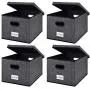 homyfort Collapsible File Storage Boxes Bins with Removable Lids,Portable Office Document Organizer,Decorative Boxes with Plastic Handles,Large Black with Grid Printing Set of 4