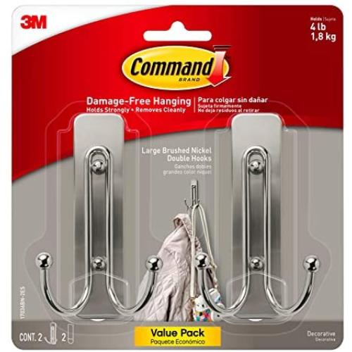 Command Large Wall hooks, 2 Pack, Brushed Nickel, Organize Damage-Free
