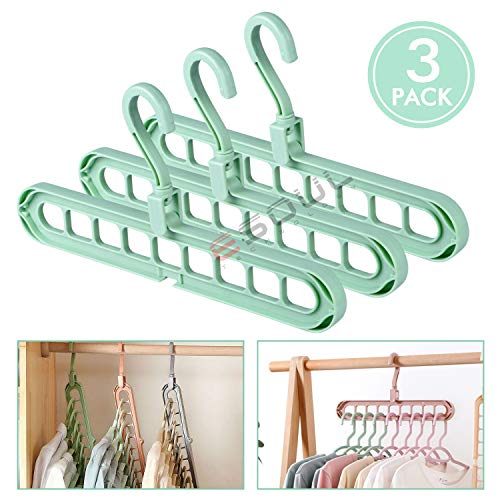 Magic 360 Degree Rotate Hangers Space Saving Clothes Hangers Organizer Smart Closet Space Saver Pack of 3 with Sturdy Plastic for Heavy Clothes Shirts Pants Coats Dresses (Green)