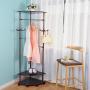 BAOYOUNI Vintage Corner Coat Rack Stand Clothes Garment Hanger Bar Holder Entryway Hall Tree on Wheels with 2-Tier Shoes Storage Shelf and Bag Hooks