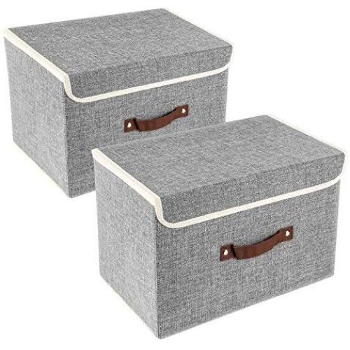 TYEERDEC Foldable Storage Bins 2 Pack Storage Boxes with Lids and Handles Storage Baskets in Cotton and Linen Storage Organizers for Toys, Shelves, Clothes, Papers and Books etc. (Gray)