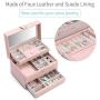 Vlando Mirrored 3 Layers Jewelry Boxes Organizer with Handle, One-Handed High Capacity Soft PU Leather Wooden Decorative Jewelry Storage Case for Bracelets, Earrings, Rings, Necklaces, Brooches (Pink)