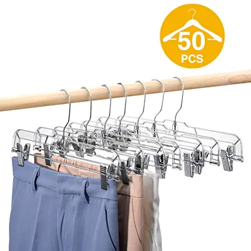 HOUSE DAY 50 Pack 14 inch Clear Plastic Skirt Hangers with Clips, Skirt Hangers, Clip Hangers for Pants,Trouser Bulk Plastic Pants Hangers HOUSE DAY 50 Pack 14 inch Clear Plastic Skirt Hangers with Clips, Skirt Hangers, Clip Hangers for Pants,Trouser Bulk Plastic Pants Hangers