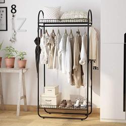 LANGRIA Compact Free-Standing Garment Rack Made of Sturdy Iron with Spacious Storage Space, 2 Shelves, 1 Clothes Hanging Rod, Heavy Duty Clothes Organizer for Bedroom, Entryway (Black)