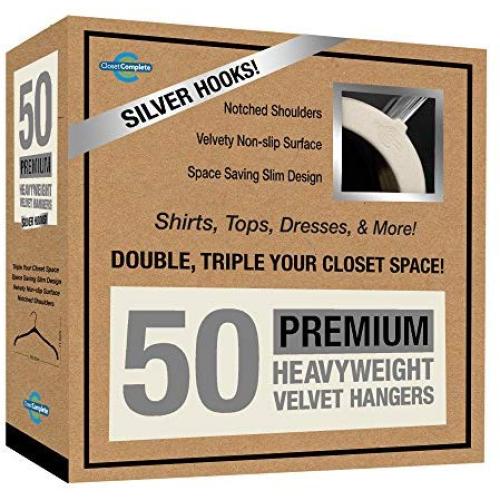 Closet Complete Premium Quality, True-Heavyweight, Virtually-Unbreakable Velvet Hangers, Ultra-Thin, Space Saving, No Slip, Best for Shirt, Dress, Lingerie, 360° Spin, Chrome Hooks, Ivory, Set of 50