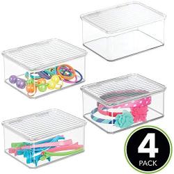 mDesign Stackable Plastic Bathroom Vanity Countertop or Dresser Storage Organizer Bin Boxes - Lid, Store Hair Brushes, Combs, Sprays, Nail Supplies, Makeup, Cosmetics, Blenders, 4 Pack - Clear