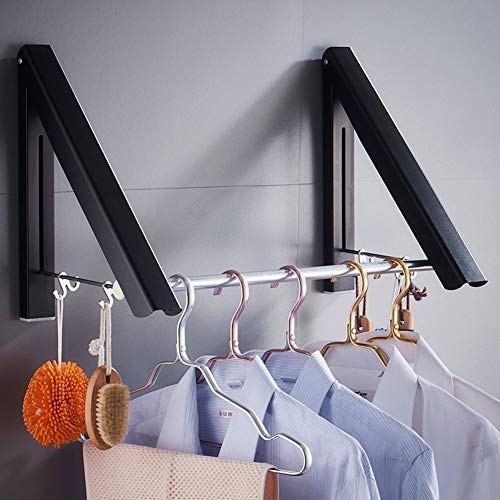 ZYH-Shelf Clothes Drying Rack, Wall Mounted Folding Hangers Space Aluminum Clothes Dryer Indoor Outdoor Storage Clothe Holder for Bathroom Balcony,Black