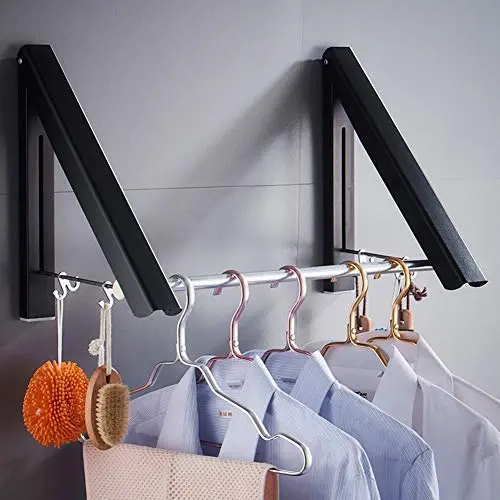 ZYH-Shelf Clothes Drying Rack, Wall Mounted Folding Hangers Space Aluminum Clothes Dryer Indoor Outdoor Storage Clothe Holder for Bathroom Balcony,Black