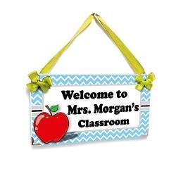 Personalized Door Hanger for Classroom Blue Chevron with a Red Apple