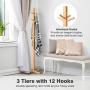 LANGRIA Coat Hook Bamboo Wooden Coat Rack and Hook Rack with 3 Tiers 12 Hooks and Solid Feet Hall Tree Coat Rack for Clothes Scarves and Hats, Bamboo Natural Color