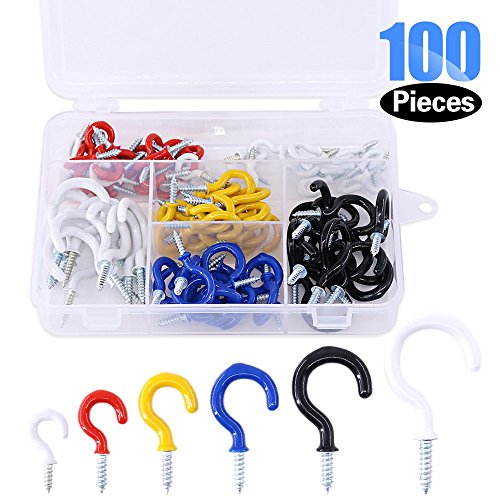 Glarks 100-Pieces 6 Sizes Vinyl Coated Cup Hooks Screw-in Ceiling Hooks Screw Hooks Mug Hooks Hangers Assortment Kit for Home and Office Use - White, Black, Red, Blue, Yellow