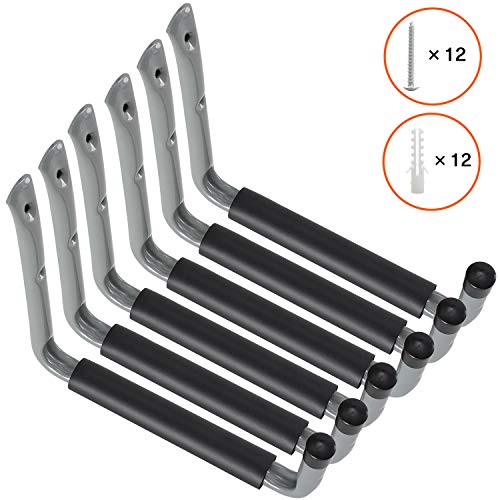 Garage Ladder Hooks Heavy Duty, 9" Wall Mounted Kayak Storage Hanger Utility Organizer for Canoe, Folding Chairs, Bike and Tools(6 Pack, Grey)