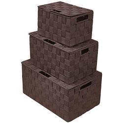 Sorbus Storage Boxes Woven Basket Bin Container Tote Cube Organizer Set Stackable Storage Basket Woven Strap Shelf Organizer Built-in Carry Handles (Lid Bins - 3 Pack, Chocolate)