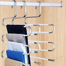 HonTop 4 PCS Non-Slip Pants Hangers S-Shape 5 Layers Stainless Steel with White Silicone Coating Multi Clothes Cascading Hangers Space Saving Clothes Organizer for Jeans Scarf Ties Towels Leggings