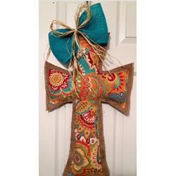 Large, Bold Multi Brights print cross and burlap door hanger with teal burlap and raffia bow