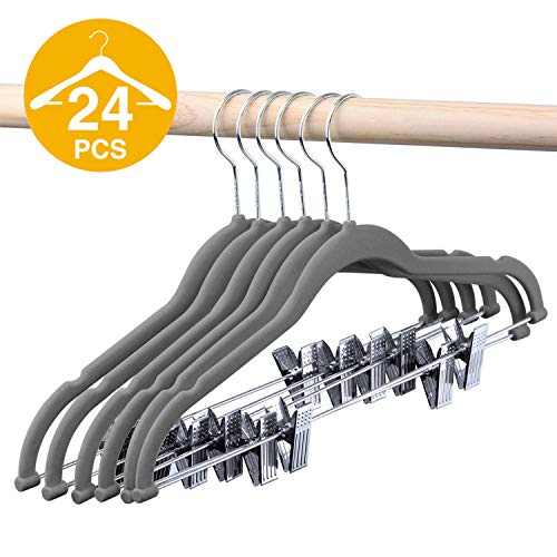 HOUSE DAY Velvet Skirt Hangers - Pack of 24 - Velvet Hangers with Clips Ultra Thin Non Slip Velvet Pants Hangers Space Saving Clothes Hanger (Grey)