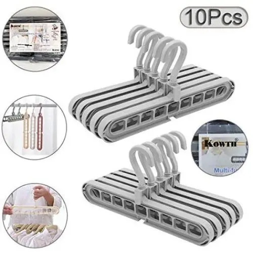 Kowth Magic Clothes Hanger Organizer, Rotate Anti-Skid Folding Hanger with Multifunction Space Saving and Cascading Features, Pack of 10 Standard Hangers with 9 Holes for Drying and Storage (Grey)