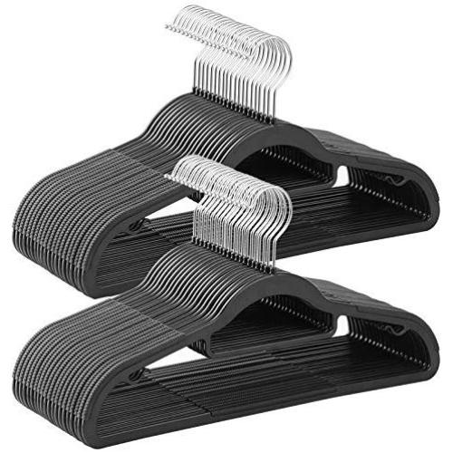 SONGMICS Pack of 50 Coat Hangers, Heavy Duty Plastic Hangers with Non-Slip Design, Space-Saving Clothes Hangers, 0.2-Inch Thickness, 360° Swivel Hook, 16.5 Inches Wide, Black UCRP20BK50