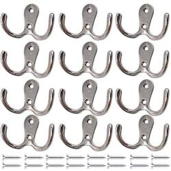 Rustic Coat Hooks Double Prong Wall Mounted 12 Packs with 28 Screws 20 LB Utility Hooks Heavy Duty Towel Hooks Retro Double Hooks for Coat, Scarf, Bag, Towel, Key, Cap, Cup (5# Silver 12 Pack)