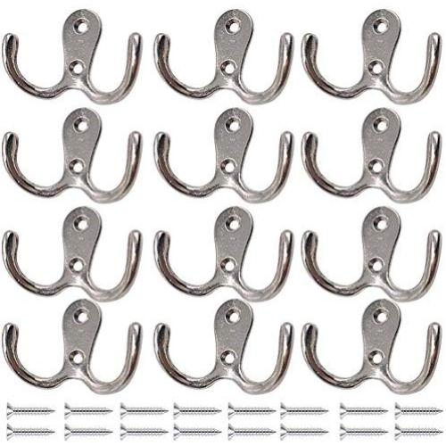 Rustic Coat Hooks Double Prong Wall Mounted 12 Packs with 28 Screws 20 LB Utility Hooks Heavy Duty Towel Hooks Retro Double Hooks for Coat, Scarf, Bag, Towel, Key, Cap, Cup (5# Silver 12 Pack)