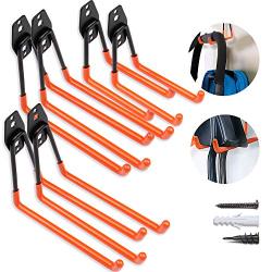 Steel Garage Storage Utility Double Hooks, Easy to Install Wall Mount Heavy Duty Hangers for Organizing Large Power Tools, Anti Slip Design Holding Ladders, Chairs, Bikes, Ropes, Bulk Items, Pack of 6