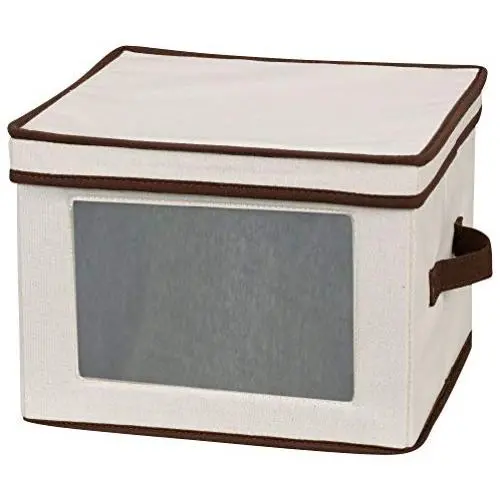 Household Essentials 536 Dinnerware Storage Boxes with Lid and Handles | Storage Bin for Dinner Plates | Natural Canvas with Brown Trim Household Essentials 536 Dinnerware Storage Boxes with Lid and Handles | Storage Bin for Dinner Plates | Natural Canvas with Brown Trim