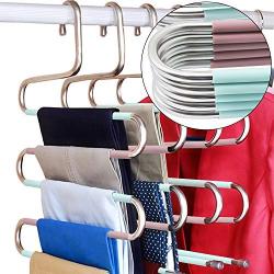 DOIOWN S-Type Stainless Steel Clothes Pants Hangers Closet Storage Organizer for Pants Jeans Scarf Hanging (14.17 x 14.96ins, Set of 3) (5-Pieces-Teal&Pink(Upgrade Style))