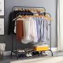 Clothing Double Rod Garment Rack with Shelves, Metal Hang Dry Clothes Rack for Hanging Clothes,with Top Rod Organizer Shirt Towel Rack and Lower Storage Shelf for Boxes Shoes Boots,Height 59" Black