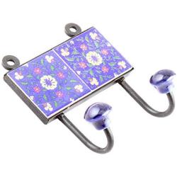 Indianshelf Handmade 1 Artistic Vintage Blue Ceramic Wheel Flower Key Hooks Holders/Key Hooks Wall Tile Mounted