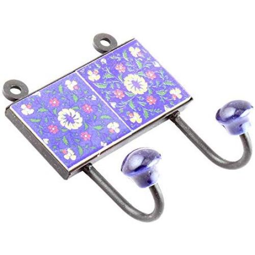 Indianshelf Handmade 1 Artistic Vintage Blue Ceramic Wheel Flower Key Hooks Holders/Key Hooks Wall Tile Mounted