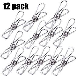 Fwaytech Extra Large Clothes Pins Stainless Steel 3.5inch Clothes Peg Metal Clips,Cord Clothes Bag Pins Utility Clips for Laundry Clothes Line Home/Office 12 Pack (C-C)