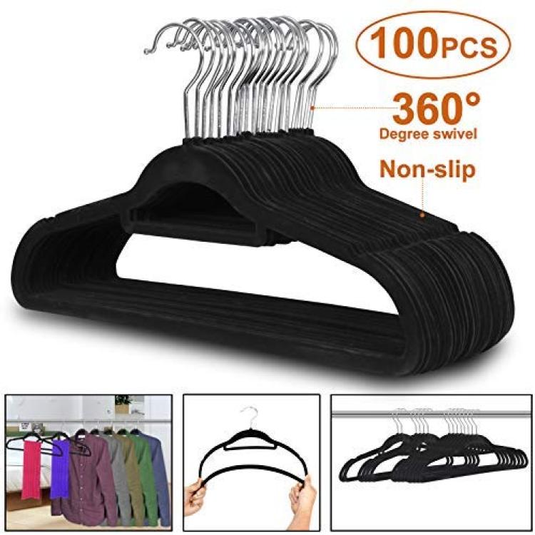 ZenStyle 100 Pack Ultra Thin Velvet Hangers - Non Slip Black Clothes Suit  Hangers, 360 Degree Swivel