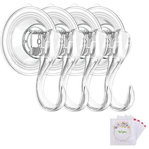 VISV Suction Cup Hooks, Small Clear Reusable Heavy Duty Vacuum Suction Cup Hooks with Cleaning Cloth Strong Window Glass Kitchen Bathroom Hooks for Towel Robe Utensils Christmas Wreath - 4 Packs