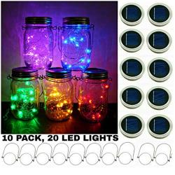 Upgraded Solar Mason Jar Starry String Light Lids 10 Pack 20 LED Fairy Firefly Light Inserts with 10 Hangers Waterproof and Rust Resist for Patio Lawn Garden Wedding Lantern Decor (5 Colors)