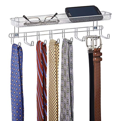 mDesign Closet Wall Mount Mens Accessory Storage Organizer Rack - Holds Belts, Neck Ties, Watches, Change, Sunglasses, Wallets - 8 Hooks and Basket - Chrome