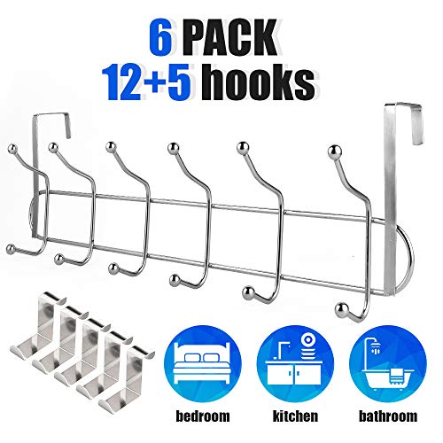 Over The Door Hook Coat Rack Wall Mounted Hanger Heavy-Duty Organizer for Coat Towel Bag Robe - 12 Hooks Sturdy Metal - Free 5 Singular Hooks