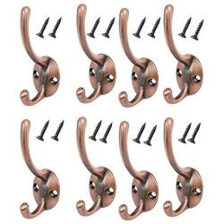 Rannb 8pcs Retro Style Dual Prong Hanger Hooks Heavy Duty Wall Mount Hat Coat Clothes Towel Robe Hooks- Screws Included (Copper Tone)