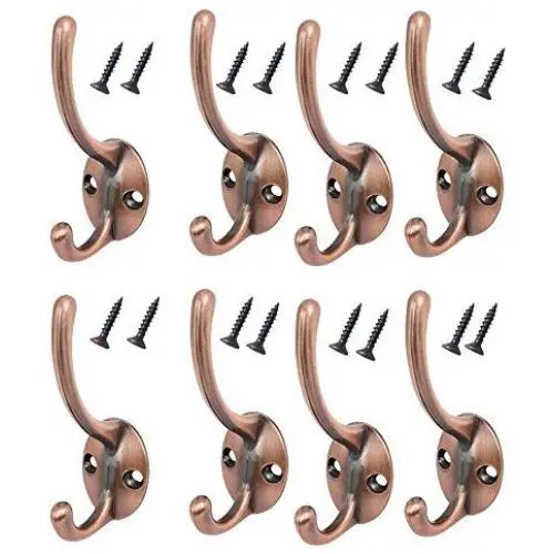 Rannb 8pcs Retro Style Dual Prong Hanger Hooks Heavy Duty Wall Mount Hat Coat Clothes Towel Robe Hooks- Screws Included (Copper Tone)