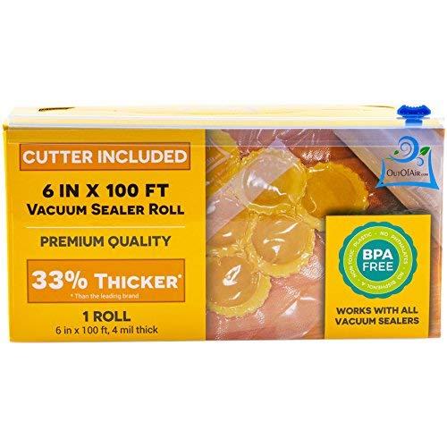 6" x 100 Mega Roll & Cutter Boxes Vacuum Sealer Bags Roll (No More Scissors) 4 mil 100 Foot OutOfAir, 33% Thicker, BPA Free, FDA Approved, Sous Vide, Commercial Grade, Works with FoodSaver Sealers