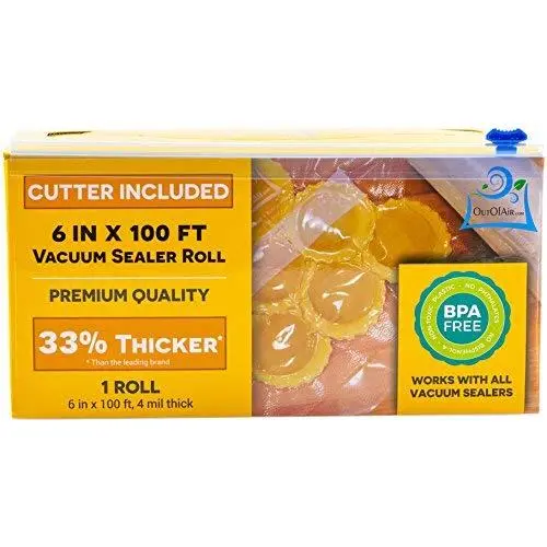 6" x 100 Mega Roll & Cutter Boxes Vacuum Sealer Bags Roll (No More Scissors) 4 mil 100 Foot OutOfAir, 33% Thicker, BPA Free, FDA Approved, Sous Vide, Commercial Grade, Works with FoodSaver Sealers 6" x 100 Mega Roll & Cutter Boxes Vacuum Sealer Bags Roll (No More Scissors) 4 mil 100 Foot OutOfAir, 33% Thicker, BPA Free, FDA Approved, Sous Vide, Commercial Grade, Works with FoodSaver Sealers