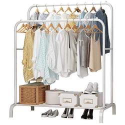 UDEAR Garment Rack Freestanding Hanger Double Pole Multi-Functional Bedroom Clothing Rack, White