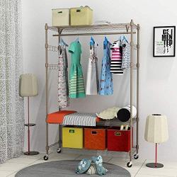 Rolling Wire Shelving Garment Rack, Metal Clothes Rack Organizer with 4 Adjustable Side Hooks and Single Hanger Bar