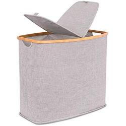 BIRDROCK HOME Divided Bamboo & Canvas Hamper - Double Laundry Basket with Lid - Modern 2 Section Foldable Hamper - Cut Out Handles - Grey Narrow Design - Great for Kids Adults