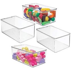 mDesign Stackable Closet Plastic Storage Bin Boxes with Lid - Container for Organizing Childs/Kids Toys, Action Figures, Crayons, Markers, Building Blocks, Puzzles, Crafts - 5" High, 4 Pack - Clear