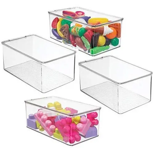mDesign Stackable Closet Plastic Storage Bin Boxes with Lid - Container for Organizing Childs/Kids Toys, Action Figures, Crayons, Markers, Building Blocks, Puzzles, Crafts - 5" High, 4 Pack - Clear